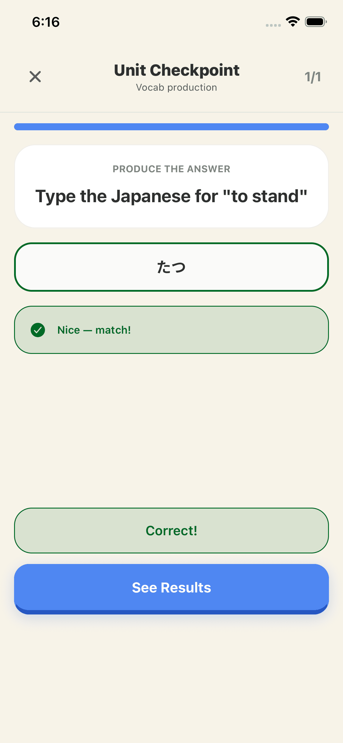 Checkpoint unit assessment screen with a Japanese production answer marked correct