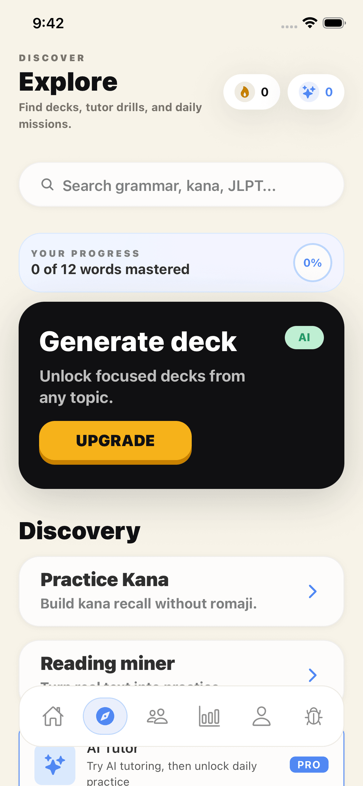 Checkpoint Explore screen with deck generation, Reading miner, AI Tutor, and daily immersion