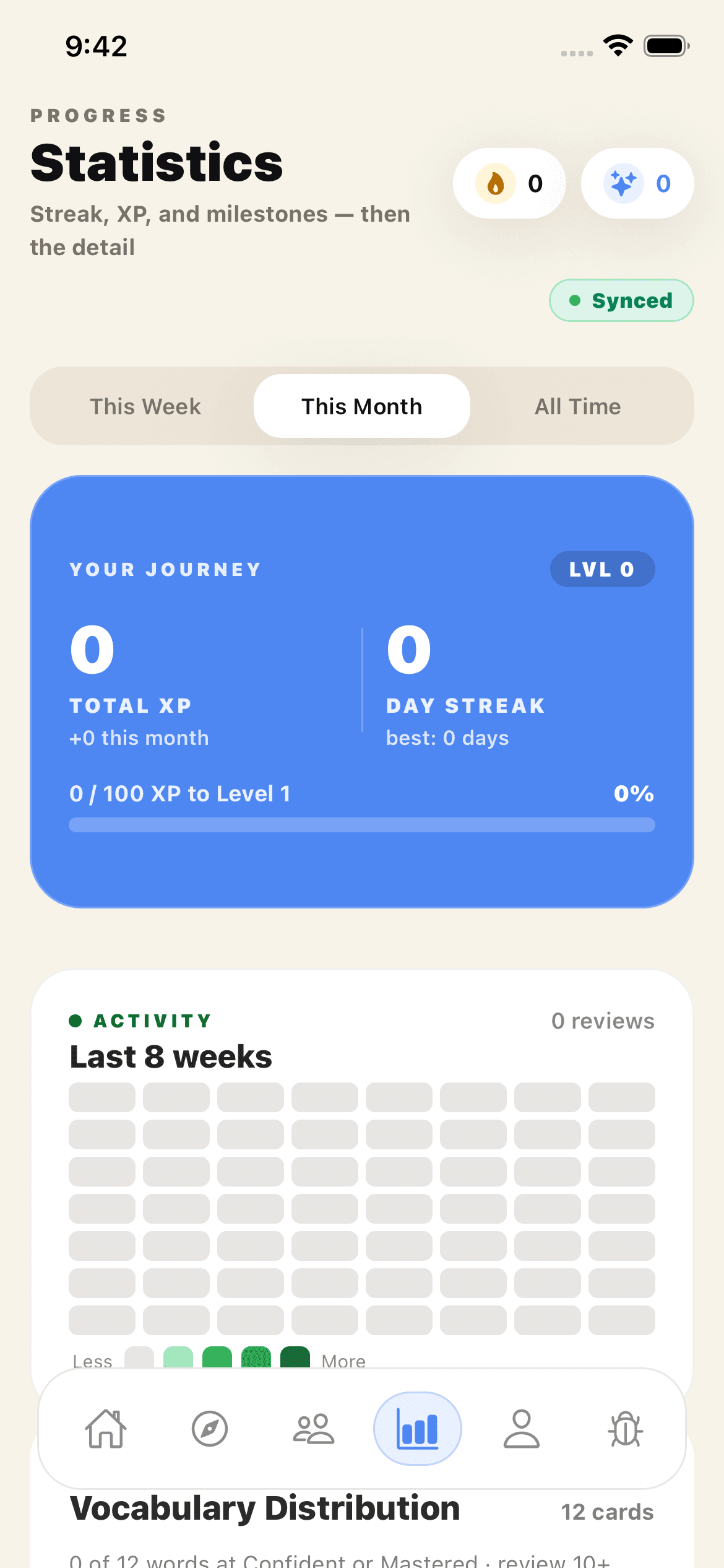 Checkpoint Statistics screen with XP, streak, activity history, mastery, and achievements